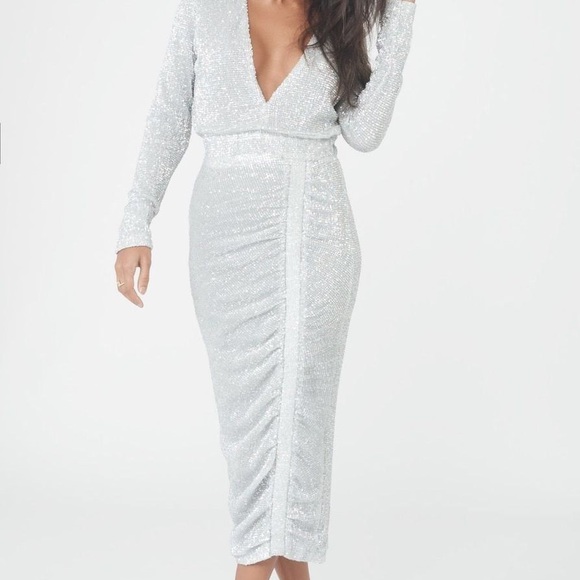 signature silver iridescent sequin midi dress